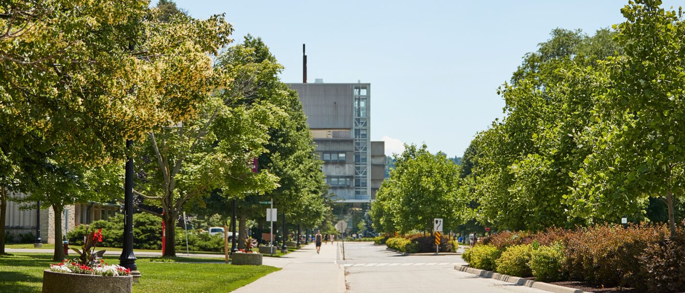 Photo of main boulevard of McMaster University facing Health Science Centre