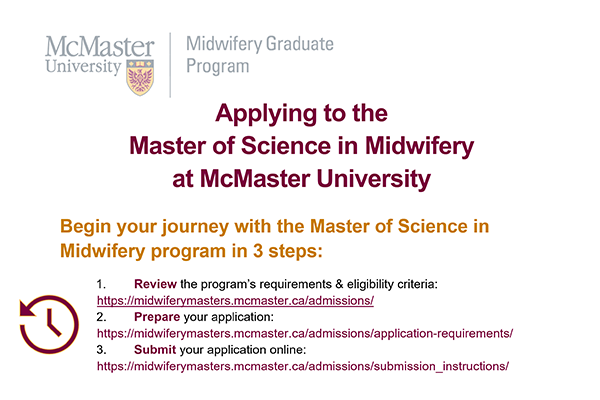 Screenshot of a document. Text reads: Applying to the Master of Science in Midwifery at McMaster University. Start your hourney with the Master of Science in Midwifery program in 3 steps.
