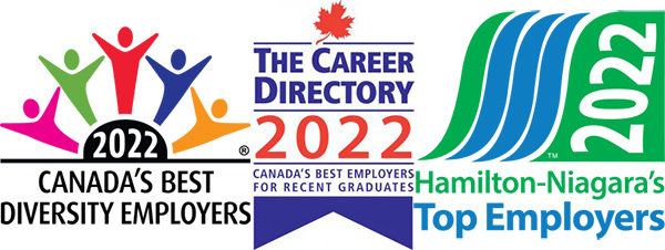 logos of Canada's Best Diversity Employers 2022, The Career Directory 2022 of Canada's Best Employers for Recent Graduates, and Hamilton-Niagara's Top Employers 2022